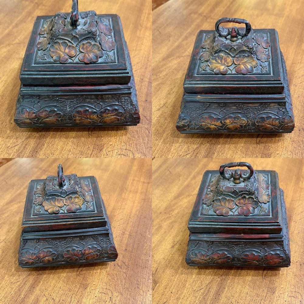Vintage Ornate Carved Floral Jewelry Box Red Velvet Lined Footed Trinket Chest - Picture 3 of 11